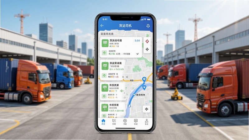 货运司机版app主界面展示,画面中央为手机屏幕显示货源列表与地图导航,背景为城市物流园区与货车停车场,整体风格写实明亮,突出移动端接单场景,包含货运司机版字样