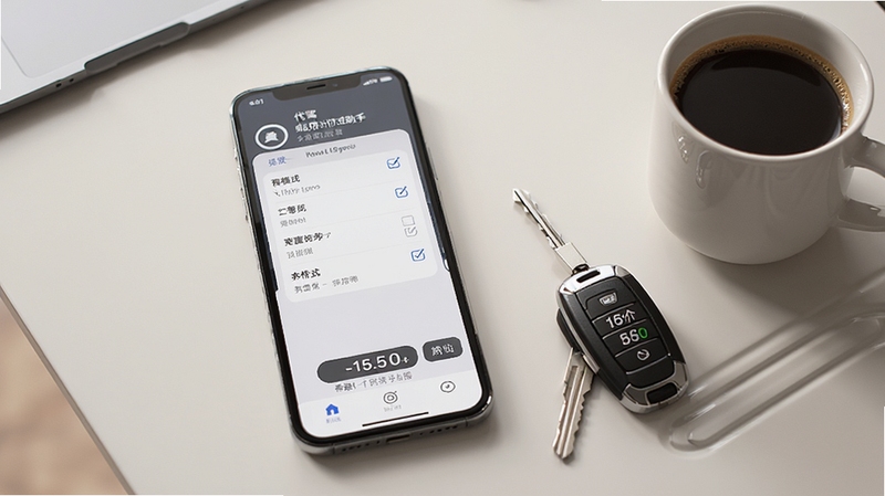 一部手机屏幕显示代驾计价助手多模式计费勾选界面,旁边有汽车钥匙和一杯咖啡,桌面整洁,光线柔和,画面风格清新商务,突出计费选项与总价数字,适配Boogu模型生成