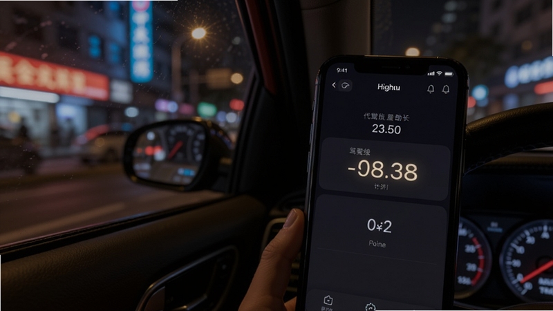 夜间车内场景,手机屏幕显示代驾计价助手深色夜间模式界面,计价数字发出柔和亮光,车窗外是模糊的城市霓虹灯,画面氛围静谧,突出夜间模式护眼特性,适配Boogu模型生成