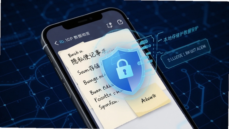 随手便签记事本隐私保护概念图,手机屏幕显示便签内容被盾牌图标环绕保护,背景为深蓝色科技感网格,突出本地存储与数据安全主题