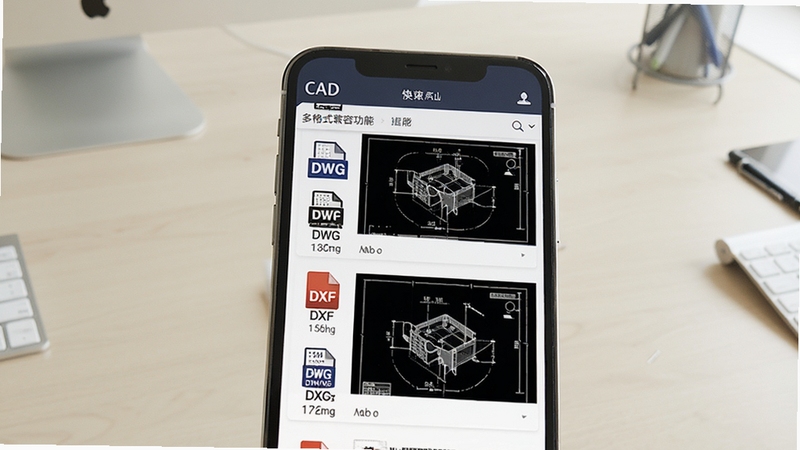 CAD手机快速看图多格式兼容功能展示,手机屏幕中同时呈现DWG与DXF两种格式的图纸文件列表,界面带有格式图标与文件大小信息,背景为浅色办公桌面,画面干净整洁