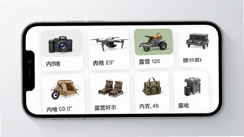 内啥应用内多品类租赁商品聚合页面,手机屏幕显示相机、无人机、露营装备等分类卡片整齐排列,背景为柔和浅灰渐变,画面干净清爽,体现内啥一站式租赁的便捷感