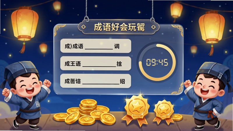 生图提示词:成语好会玩软件每日挑战页面概念图,画面中央悬浮一块半透明任务面板,面板上列出三道成语填空题和倒计时圆环,面板下方有金币堆和金色成就徽章散落;背景为深蓝夜空搭配暖黄灯笼光晕,左右两侧各有一个卡通书童举手欢呼,整体氛围热闹喜庆,突出每日挑战的仪式感