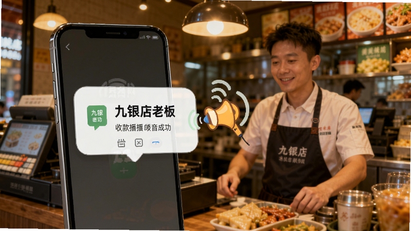 九银店老板收款语音播报功能展示,画面中手机屏幕弹出收款成功提示气泡,旁边有卡通风格的小喇叭图标发出声波,背景为繁忙的小吃店收银台,暖色调灯光,突出九银店老板收款播报的即时提醒场景