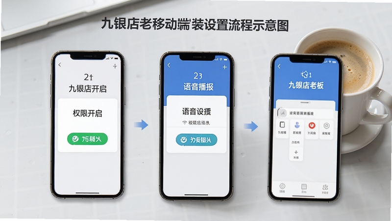 九银店老板移动端安装设置流程示意图,画面为手机屏幕分步展示权限开启与语音播报设置界面,背景为简洁的浅灰色工作台面,旁边放置一杯咖啡,整体风格生活化且清晰,突出九银店老板上手操作指引