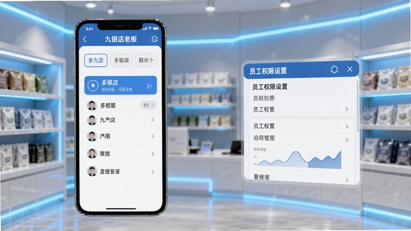 九银店老板门店管理界面,画面展示手机屏幕上的多门店切换列表与员工权限设置面板,背景为简约风格的连锁店铺货架,浅蓝色科技感光影,突出九银店老板多店统一管理的便捷性