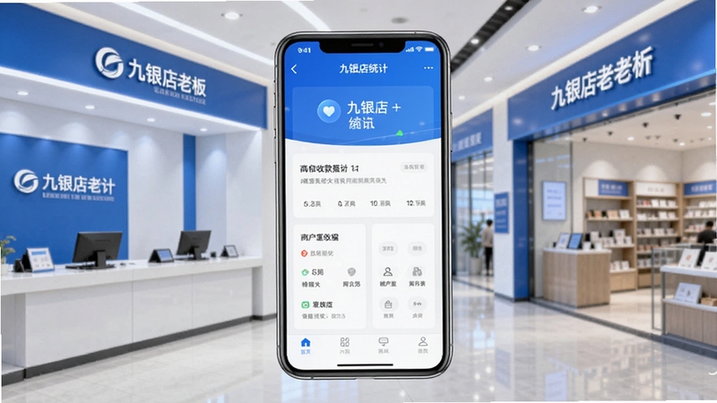 九银店老板应用界面全貌展示,画面中央为一部智能手机屏幕显示商户收款统计首页,背景为简洁的银行网点与商铺场景融合,蓝白色调为主,整体风格商务清新,突出九银店老板核心功能区域