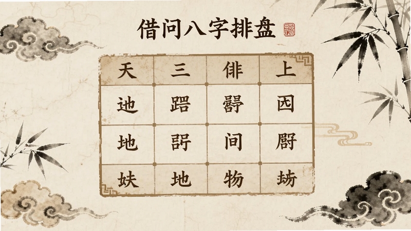 一款名为借问八字排盘的手机应用主界面,画面中央展示传统八字四柱排盘表格,天干地支清晰排列,背景为淡雅的米白色国风纸张纹理,四周点缀水墨风格的祥云与竹叶元素,整体色调温润古朴,适配Boogu模型生成