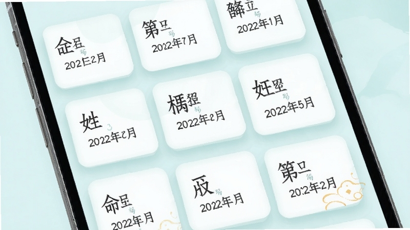 借问八字排盘命盘记录列表界面,手机屏幕上排列着多条已保存的命盘卡片,每张卡片显示姓名首字与出生日期,背景为柔和的浅青色,卡片带圆角与轻微阴影,整体风格清爽