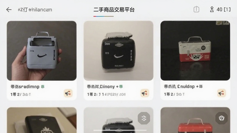 二手商品交易平台闲置发布界面手机截图,浅色背景,商品卡片整齐排列