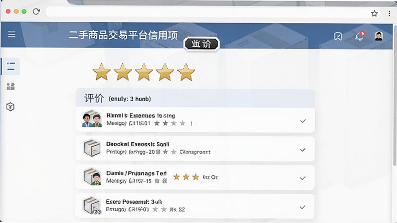 二手商品交易平台信用评价页面示意图,五星评分与评价列表,简洁商务风格