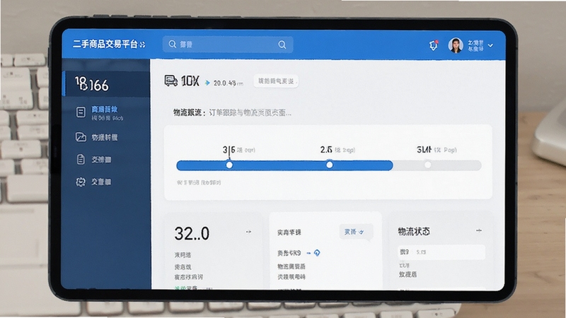 二手商品交易平台订单跟踪与物流状态页面示意图,蓝色调界面,进度条清晰