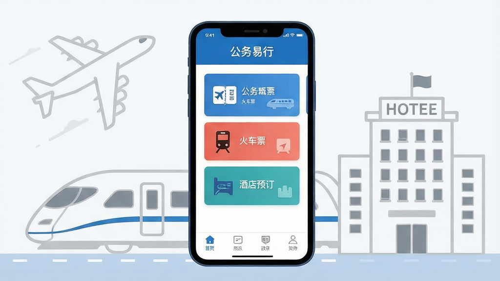 画面中央摆放一部竖屏智能手机,手机屏幕上显示“公务易行”应用主界面,界面包含机票、火车票、酒店预订三个功能卡片与底部导航栏;手机后方以浅灰色线条绘制飞机、高铁、酒店建筑剪影作为背景层;整体采用蓝白商务配色,扁平化插画风格,布局居中对称,细节干净利落,画质清晰,无多余装饰元素