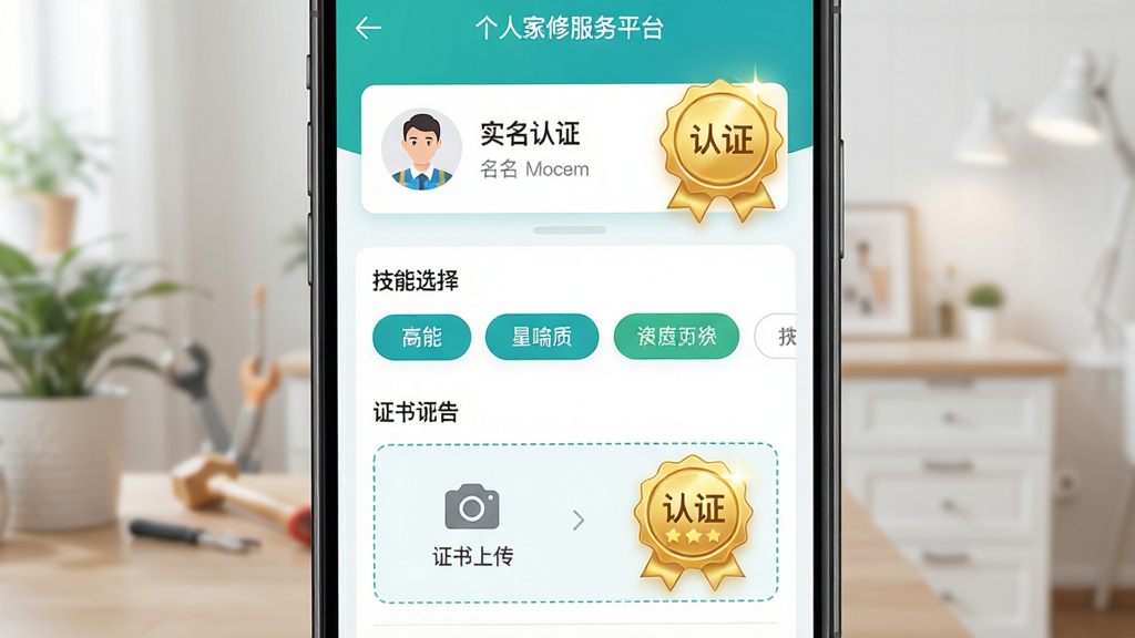 家庭维修服务平台(商家端)师傅入驻与技能认证页面展示图,主体为手机屏幕上的个人资质认证界面,包含实名认证卡片、技能标签选择区、证书上传入口与认证状态徽章;布局为手机居中、界面元素自上而下分层排列;排版上认证徽章醒目展示在头像旁,技能标签以胶囊按钮形式横向排列;风格为清新浅色UI风格,配色以青绿色和白色为主;细节上证书上传区域带有虚线边框与相机图标,认证通过徽章带金色光泽;画质高清,画面干净,无多余元素