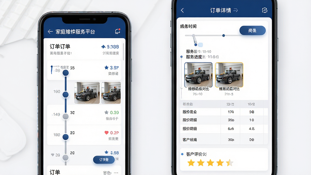 家庭维修服务平台(商家端)全流程订单管理界面展示图,主体为手机屏幕呈现订单列表与订单详情页,详情页中包含服务进度时间轴、维修前后对比照片缩略图、报价明细表格与客户评价星级;布局为左右分屏展示列表页与详情页;排版上时间轴纵向排列、照片并排展示、表格线条清晰;风格为简洁商务UI风格,配色以深蓝、白色、浅灰为主;细节上按钮带有轻微渐变,进度节点用圆形图标标识;画质高清,画面干净,无多余元素