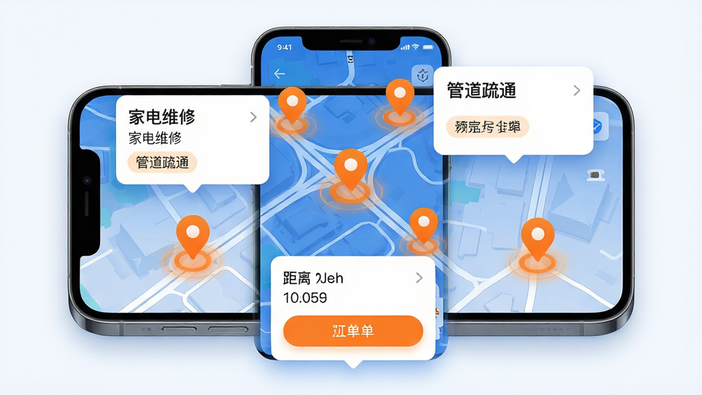 家庭维修服务平台(商家端)附近订单智能推送功能展示图,主体为手机屏幕上的地图界面,地图上分布着多个橙色订单标记点,旁边浮动显示订单卡片包含家电维修、管道疏通等分类标签;布局为手机居中、地图铺满屏幕、订单卡片从底部弹出;排版清晰展示距离数值与抢单按钮;风格为现代UI写实风格,配色以蓝白橙为主;细节上地图道路线条细腻,标记点带有脉冲光圈效果,订单卡片圆角柔和;画质高清,画面干净,无多余元素