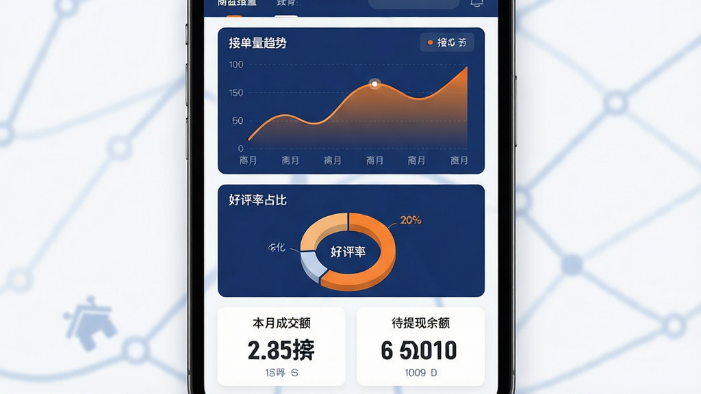 家庭维修服务平台(商家端)收益结算与数据统计功能展示图,主体为手机屏幕上的数据看板界面,包含折线图展示接单量趋势、环形图展示好评率占比、数字卡片展示本月成交额与待提现余额;布局为手机居中、图表卡片纵向堆叠排列;排版上数字突出显示、图表配色分明;风格为现代数据可视化风格,配色以深蓝、橙色、白色为主;细节上折线带有渐变填充,环形图分段清晰,数字使用加粗字体;画质高清,画面干净,无多余元素
