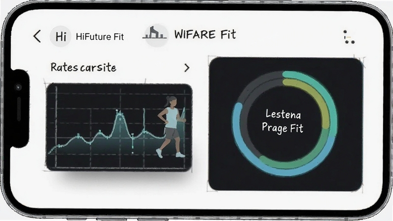 HiFuture Fit 运动数据统计页面与目标进度环的手机应用界面示意图