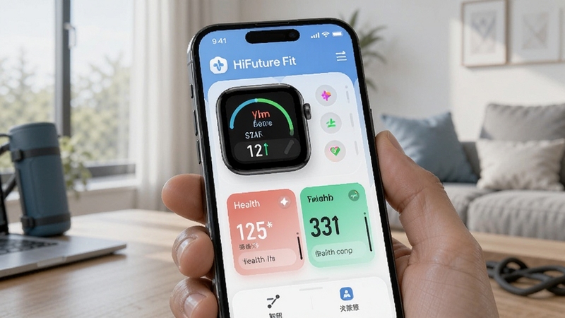 HiFuture Fit 应用首页展示智能手表连接状态与健康数据卡片的手机界面场景图