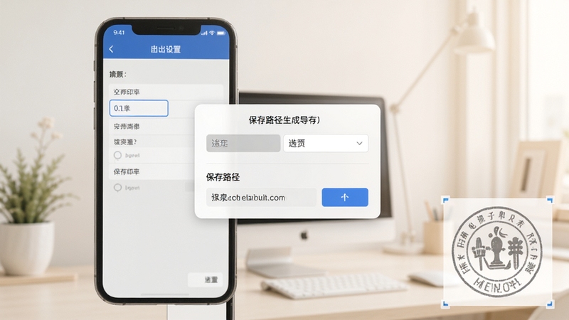 电子印章生成工具导出设置界面,手机屏幕展示分辨率选项与保存路径选择弹窗,画面右下角有透明背景印章图片预览,背景为柔和浅色办公环境,整体视觉干净利落