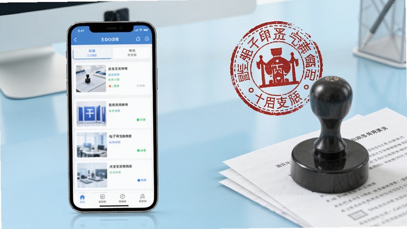 电子印章生成工具整体界面展示,手机屏幕居中偏左显示软件主页面,背景为浅蓝色渐变办公桌面,画面右侧放置红色圆形印章图案与文档纸张元素,整体风格简洁商务,高清细节,适配Boogu模型生成