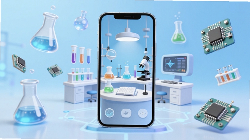 科学要实验软件主界面全景展示,画面中央是手机屏幕内呈现的虚拟实验室场景,背景为浅蓝色渐变科技感空间,周围漂浮烧杯、试管、电路元件等科学元素,整体风格清新明亮,适配Boogu模型生成