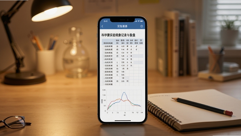 科学要实验现象记录与复盘界面,手机屏幕显示实验数据表格与曲线图,旁边放着笔记本和铅笔,背景为温暖的室内学习角,整体氛围安静专注