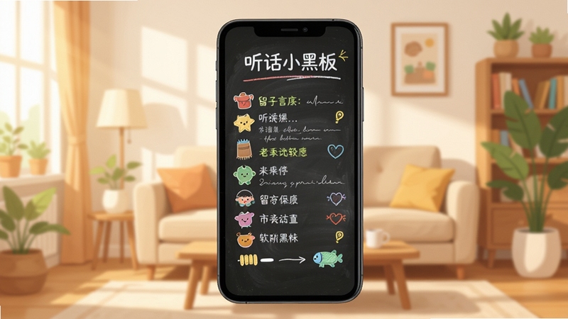 听话小黑板应用界面全貌展示,画面中央是手机屏幕显示彩色黑板风格的留言板,背景为温馨家庭客厅环境,柔和自然光,扁平化插画风格,细节清晰,突出软件名称听话小黑板