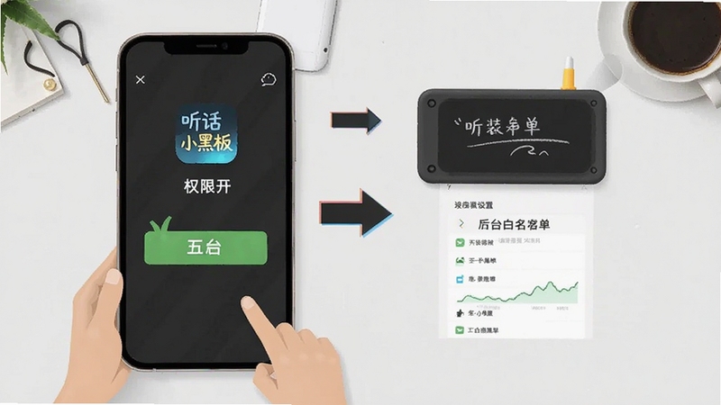 听话小黑板安装设置步骤示意图,手机屏幕展示权限开启与后台白名单设置界面,旁边有箭头指引,简洁扁平化信息图风格,背景为浅灰色桌面,画面包含听话小黑板图标