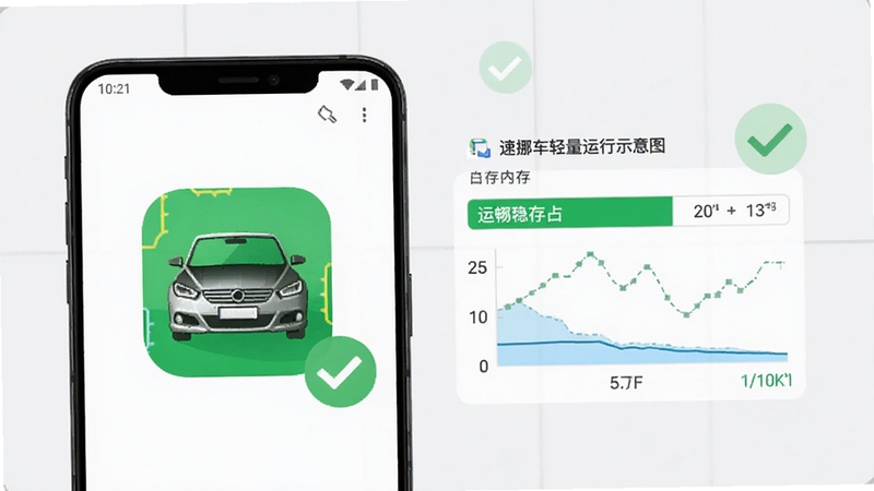 速挪车轻量运行示意图,画面展示一部中端安卓手机屏幕,速挪车应用图标与运行内存占用示意图并列呈现,背景为淡灰色极简风格,配以绿色对勾图标表示流畅稳定,整体画面干净利落,体现软件轻巧不卡顿的特点