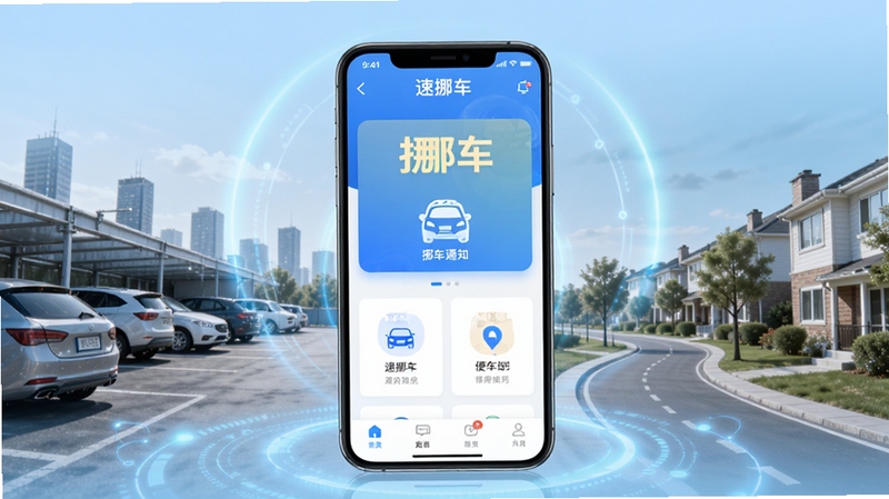 软件核心全貌展示,画面中央放置一部智能手机,屏幕显示速挪车应用主界面,界面包含醒目的挪车通知按钮与车辆图标,手机周围环绕城市停车场与小区道路场景,背景为浅蓝色渐变科技感光晕,整体风格清新简洁,突出便民挪车服务主题,高清细节,适配软件下载站头图