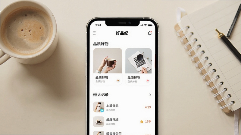 一款名为好品纪的手机应用界面展示,画面中央是手机屏幕特写,屏幕上显示好品纪APP的首页,有品质好物卡片和记录列表,背景是浅米色桌面,摆放着一杯咖啡和一本笔记本,整体风格清新简约,适合应用商店宣传图
