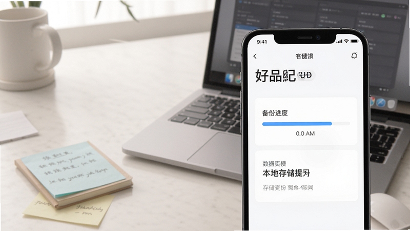 好品纪应用的数据备份与本地存储设置页面,手机屏幕显示备份进度条和存储空间提示,背景是简约的书桌场景,有笔记本电脑和便签纸,整体色调柔和,突出数据安全与便捷