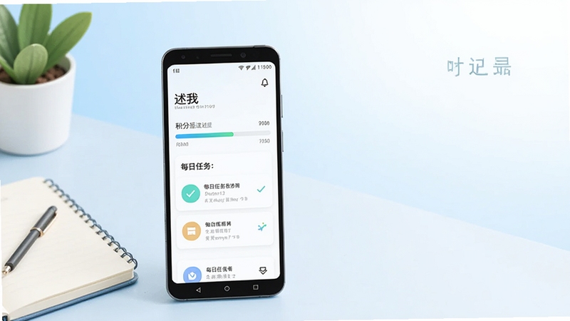 整体画面以安卓手机为视觉中心,手机屏幕显示述我应用主界面,界面包含积分进度条与每日任务卡片,背景为浅蓝渐变色的书桌场景,桌面摆放笔记本与绿植,画面风格清新扁平化,主体手机位于画面中央偏左,右上角留白用于文字排版,整体色调明亮柔和,体现轻量记录与成长主题