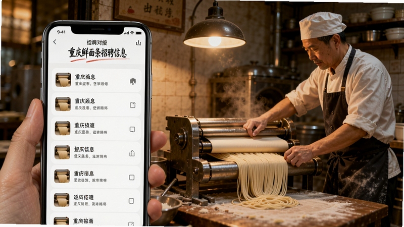 重庆鲜面条招聘信息页面展示,画面中一部手机显示招聘列表,旁边有面坊师傅操作压面机的场景,暖色灯光,写实风格,突出信息对接氛围