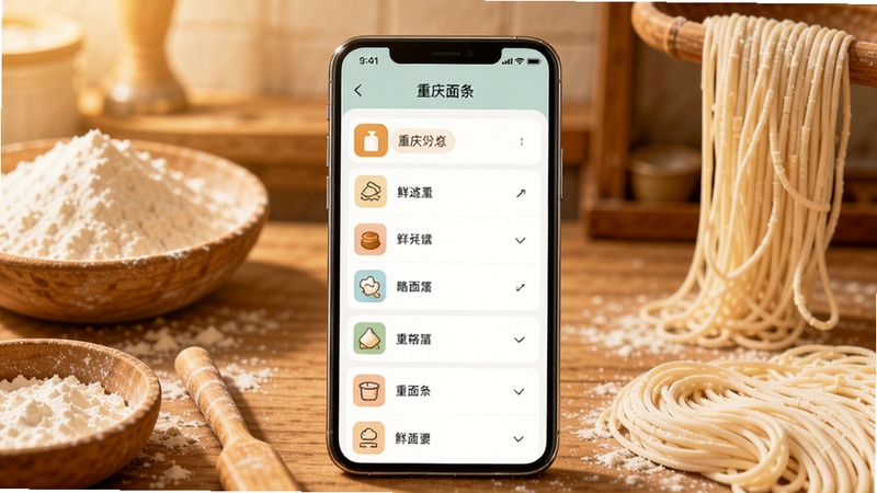 重庆鲜面条应用主界面展示,画面中央一部智能手机竖屏显示信息分类列表,背景为暖色调面坊操作台,面粉与面条元素点缀,整体风格清新明亮,适配Boogu模型生成