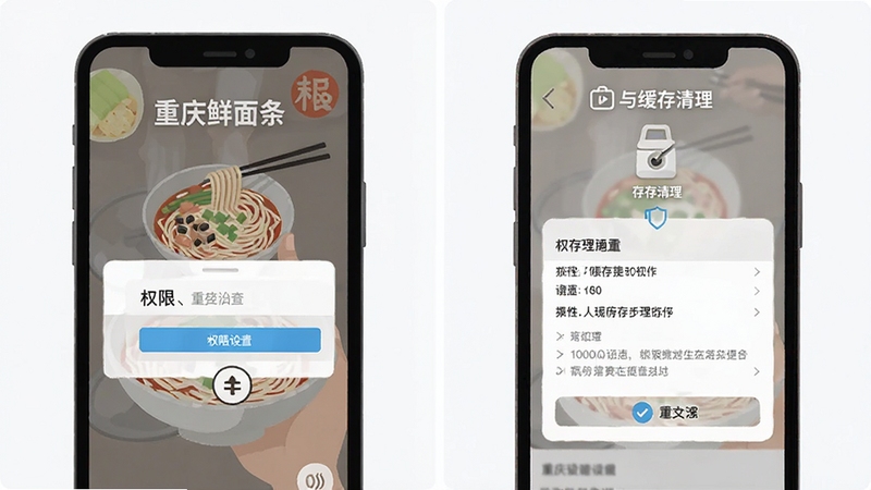重庆鲜面条使用教程示意图,画面展示手机屏幕上的权限设置与缓存清理步骤,背景简洁,图标清晰,扁平化插画风格
