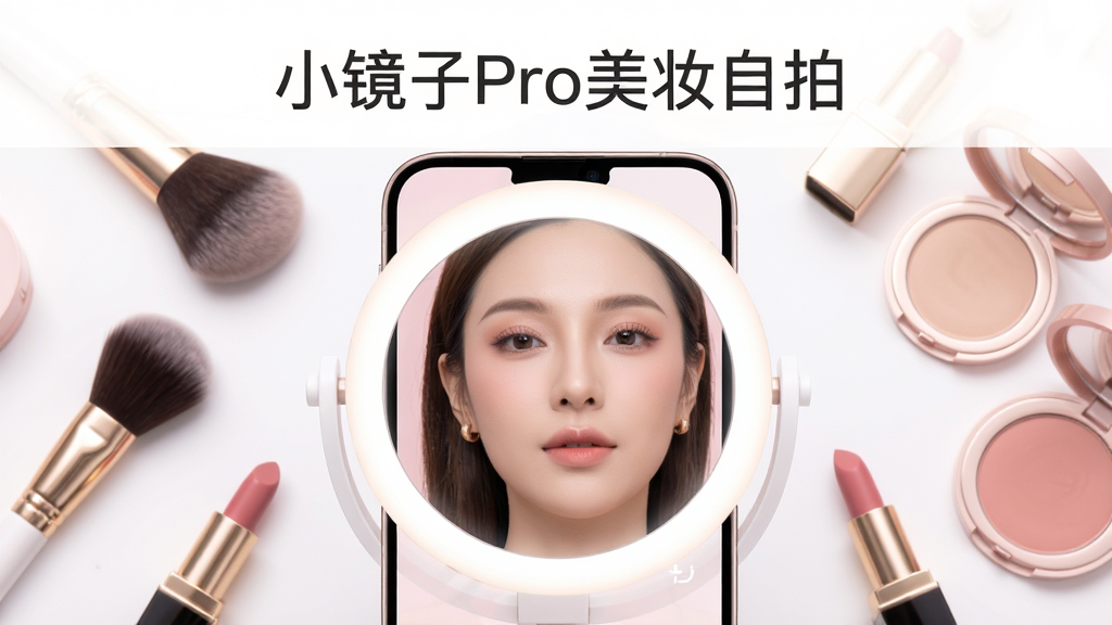 画面主体是一部智能手机屏幕中央显示圆形高清镜面效果,镜中映出精致妆容的女性面部,手机周围环绕柔和的环形补光灯带与散落的化妆刷、口红、粉饼盒等美妆小物,布局采用居中对称构图,上方留白处用简洁无衬线字体写“小镜子Pro美妆自拍”,整体风格清新明亮、粉白与浅金配色,细节上镜面有细腻反光质感、美妆小物摆放错落有致,画质高清干净、无多余杂乱元素