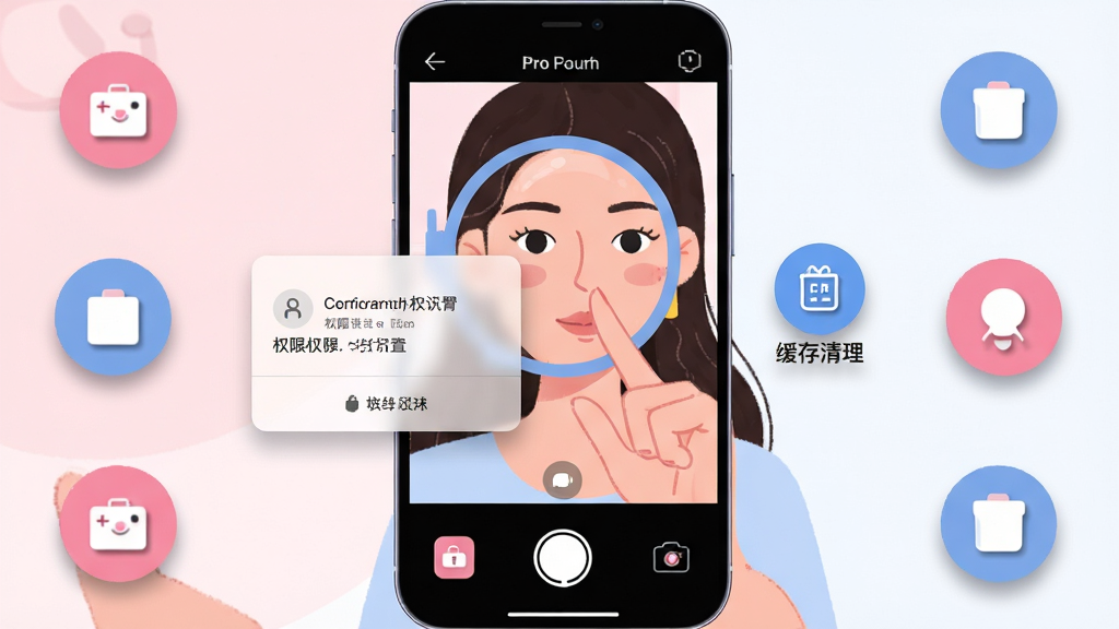 手机屏幕展示小镜子Pro美妆自拍自拍界面,画面中有女性用户正用手指双击屏幕放大镜面细节,屏幕旁浮现半透明的权限设置弹窗与缓存清理图标,布局为手机大图居中、辅助图标环绕四周,风格扁平化插画风、粉蓝配色清新,细节上弹窗与图标有柔和阴影,画质干净高清、无多余装饰元素
