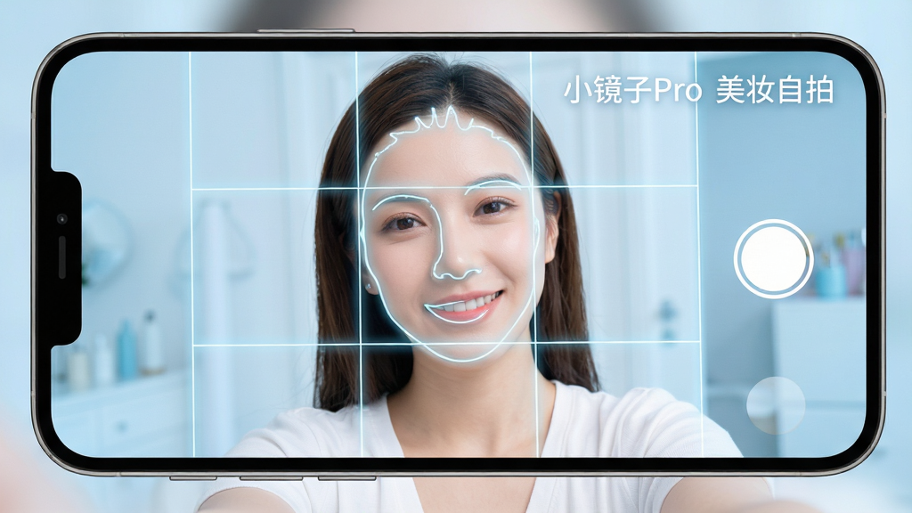 手机屏幕显示自拍取景界面,画面中有半透明的人脸轮廓引导线与九宫格构图辅助线,一位女性正对镜头微笑,屏幕角落用简洁字体写“小镜子Pro美妆自拍”,布局为手机大图居中、引导线清晰可见,风格科技感与清新感结合、浅蓝与白色调,细节上引导线有柔和发光效果,画质干净高清、无多余元素