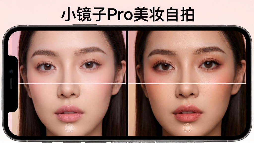 手机屏幕分屏展示同一女性面部在四种不同美妆滤镜下的效果对比,屏幕上方用简洁字体标注“小镜子Pro美妆自拍”,布局为四宫格均匀排列、每格色调风格各异,整体风格时尚杂志感、粉调与暖调搭配,细节上肤色唇色眼妆有细腻差异,画质高清干净、背景简洁无杂物