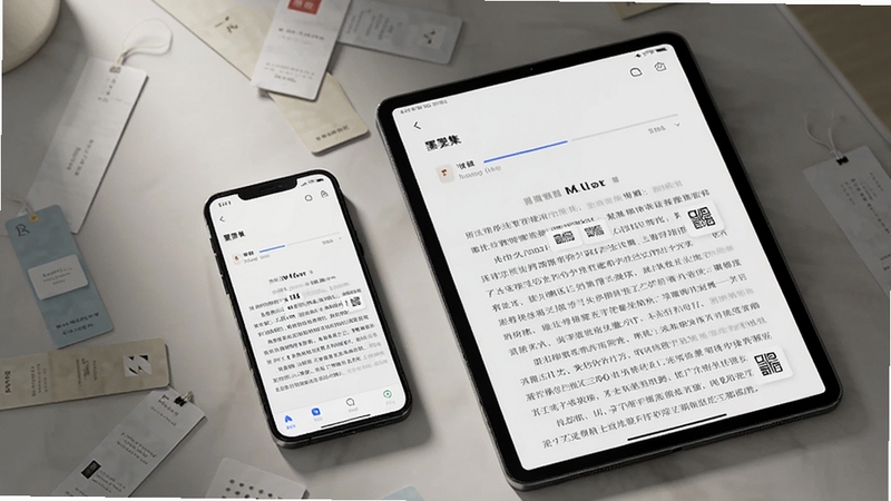 �������һ���ֻ���һ̨ƽ�岢�ŷ��������ϣ�������Ļ����ʾī�����Ķ���������ͬһƪ���µĶ���λ�ã�����λ�ڻ�������ƫ�£�����Ϊǳ��ɫ������ɢ�����ǩ�����ߴ����Ͻ�б���룬Ӫ�찲���Ķ���Χ��дʵ���ͻ������νӸ���