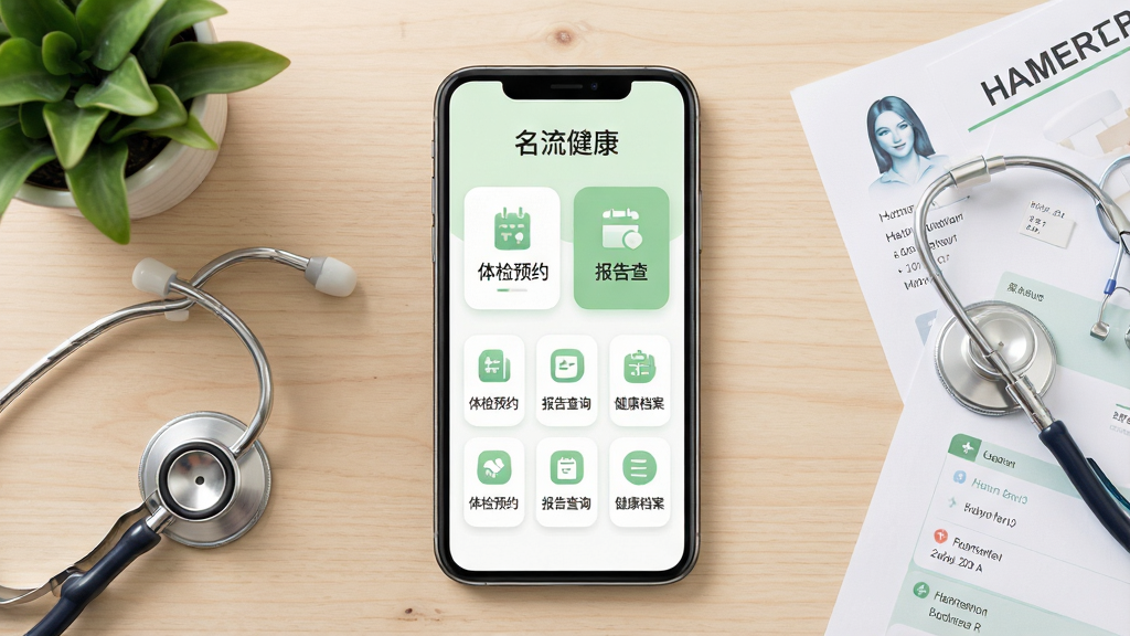 画面主体为一部智能手机,屏幕中央展示“名流健康”应用首页界面,包含体检预约、报告查询、健康档案等卡片式功能入口;布局为手机居中放置于浅色木质桌面,周围点缀听诊器、绿色植物与体检报告单;排版采用上下分层,上方为应用名称“名流健康”,下方为功能图标阵列;风格为清新医疗健康风,色调以白色与浅绿色为主;细节上屏幕内文字清晰、图标圆润、光影柔和;画质高清、干净、无多余元素