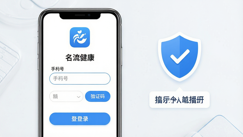 画面主体为手机屏幕展示“名流健康”登录注册页面,界面简洁,包含手机号输入框与验证码按钮;布局为手机居中,旁边放置盾牌安全图标与提示标签;排版为上方应用标识、中部输入区域、下方登录按钮;风格为安全可信风,蓝白配色;细节上按钮圆角、提示文字清晰、图标简洁;画质高清、干净、无多余元素