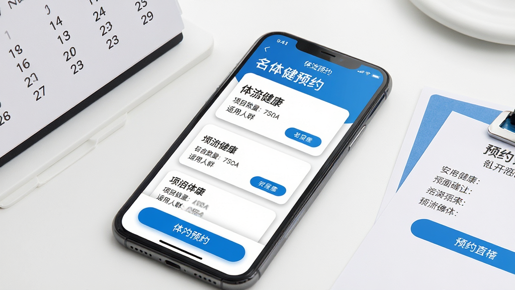 画面主体为手机屏幕展示“名流健康”体检套餐选择页面,列表呈现多个套餐卡片,卡片上标注项目数量与适用人群;布局为手机斜放于白色桌面,旁边放置日历与预约确认单;排版为上方标题“体检预约”、下方套餐列表纵向排列;风格为简约商务医疗风,蓝白配色;细节上卡片阴影柔和、按钮醒目、文字层级分明;画质清晰、干净、无多余元素