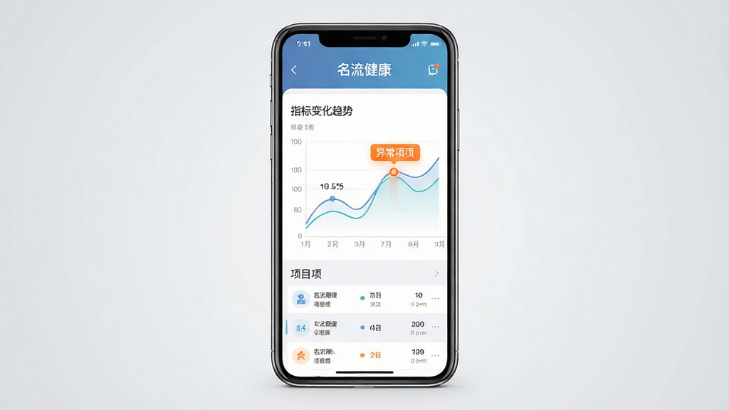 画面主体为手机屏幕展示“名流健康”体检报告详情页,页面中有折线图展示指标变化趋势,异常项以橙色高亮标注;布局为手机正面展示,背景为浅灰色渐变;排版为上方报告标题、中部数据图表、下方项目列表;风格为现代数据可视化风,色调冷静专业;细节上图表线条流畅、数值清晰、图标简洁;画质高清、干净、无多余元素
