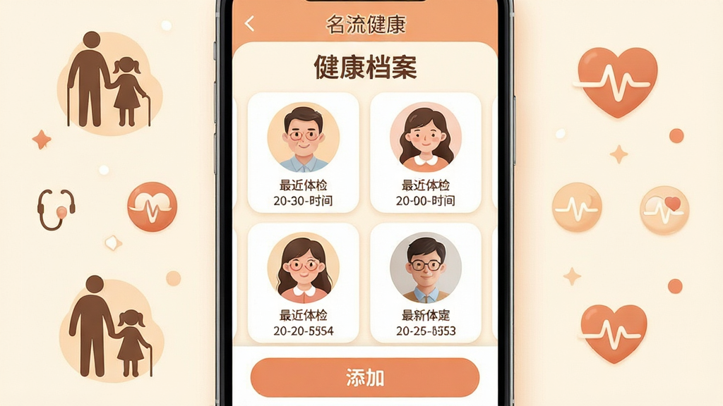 画面主体为手机屏幕展示“名流健康”家庭成员健康档案页面,头像列表展示多位家庭成员,每人下方标注最近体检时间;布局为手机居中,周围有家庭剪影与健康图标点缀;排版为上方“健康档案”标题、中部成员卡片、底部添加按钮;风格为温馨家庭健康风,浅暖色调;细节上头像圆润、信息排列整齐、图标友好;画质清晰、干净、无多余元素