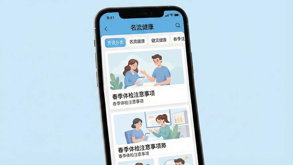 画面主体为手机屏幕展示“名流健康”健康资讯列表页,文章卡片配有插图与标题,如“春季体检注意事项”;布局为手机竖屏展示,背景为浅蓝色;排版为上方资讯分类标签、下方文章卡片纵向排列;风格为清新阅读风,白底蓝字;细节上卡片间距舒适、配图柔和、文字清晰;画质高清、干净、无多余元素