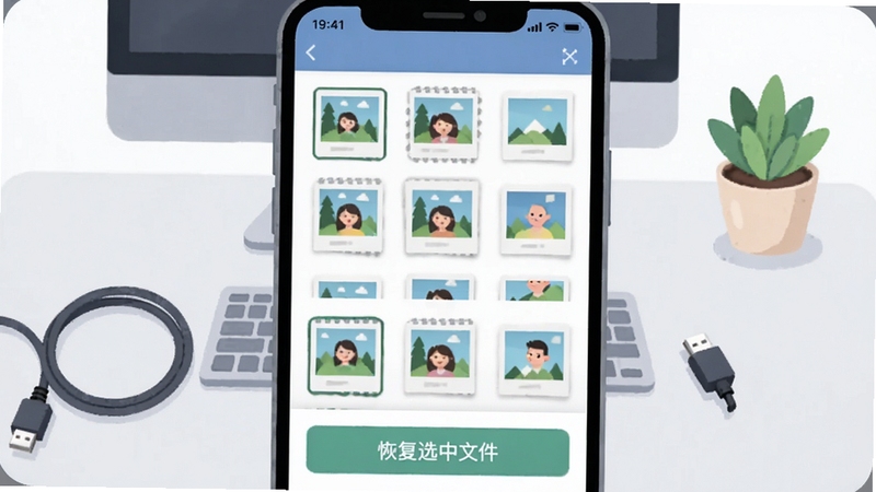 数据恢复中心软件预览界面截图风格插画,手机屏幕上显示照片缩略图预览窗口,下方有“恢复选中文件”按钮,背景为简洁的浅灰色工作台,旁边放置数据线和小盆栽,整体氛围轻松、实用