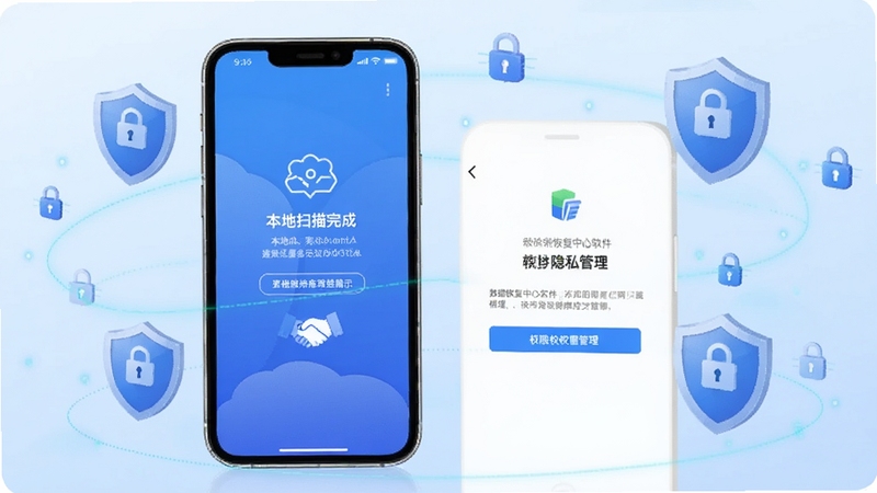 数据恢复中心软件隐私保护概念图,手机屏幕显示本地扫描完成提示与权限管理界面,周围有盾牌图标和锁形符号,背景为柔和的蓝色渐变,画面风格干净、可信赖